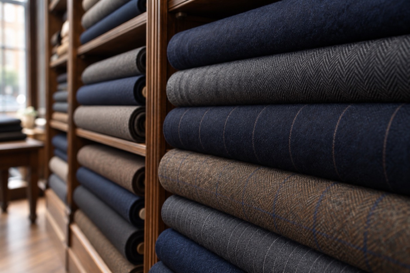 Folded lengths of suiting cloth stacked on wooden shelves in navy, grey and brown, plain, herringbone, pinstripe and check.