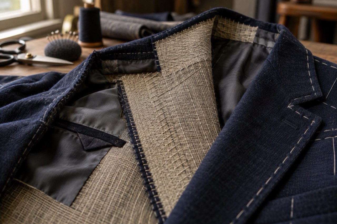 An unfinished navy wool jacket folded open at the front, showing the pad-stitched canvas behind the lapel and chest above a grey lining.